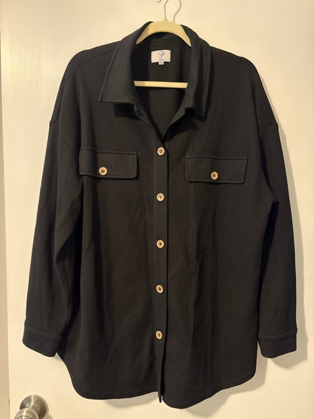PLM Black Button-Front Waffle Shirt Jacket